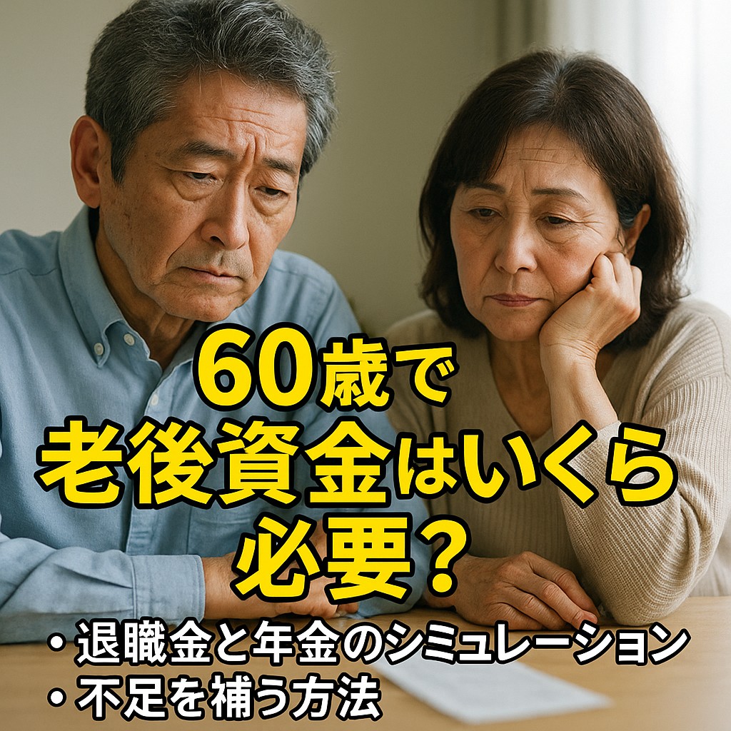 シニア夫婦がリビングで電卓やノートPCを見ながら家計をシミュレーションしている