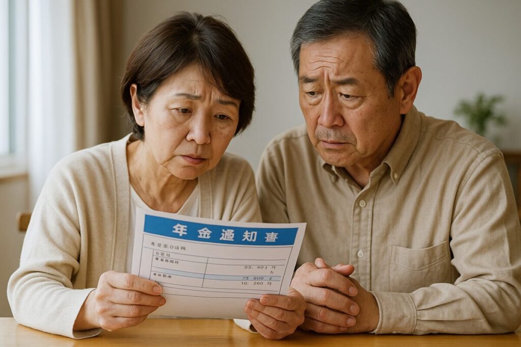 年金通知ハガキを見ながら少し不安そうに話し合う夫婦