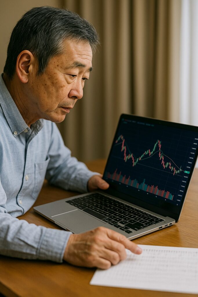 ノートPCで株価グラフを見る男性