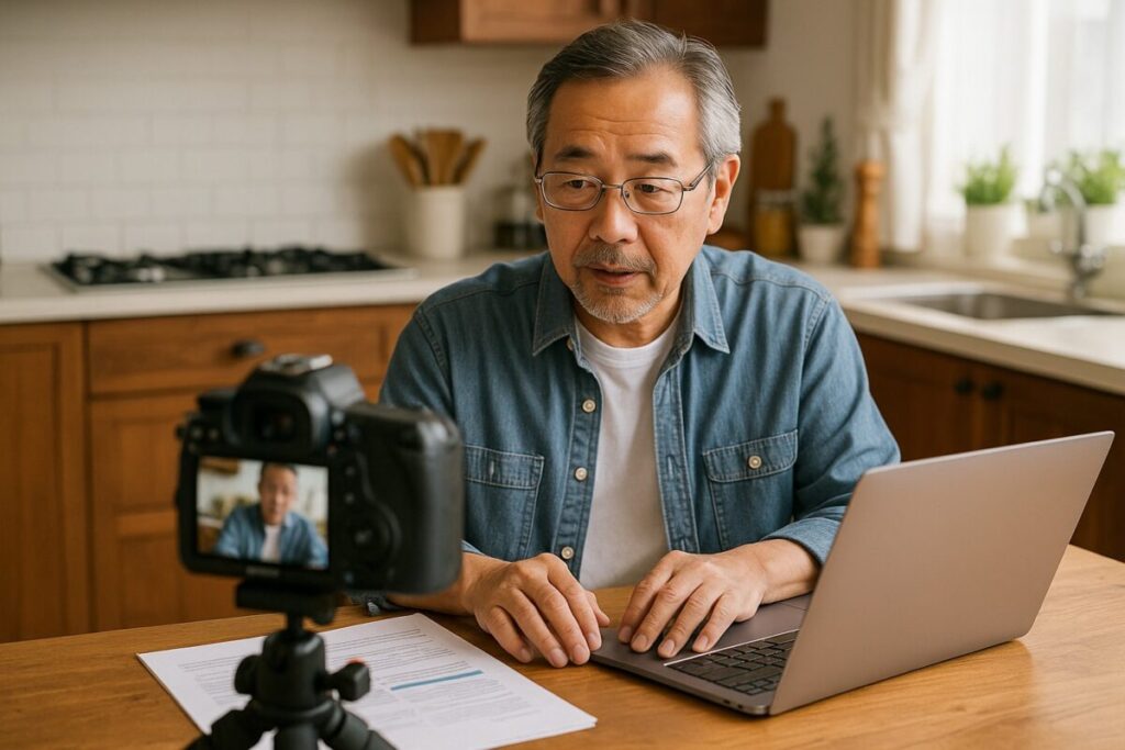 キッチンや書斎で趣味を副業にしているシニア(動画撮影やブログ)