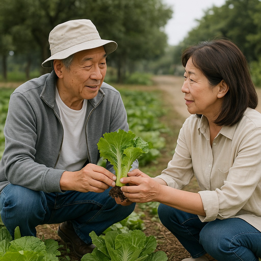 車を手放して公共交通を利用する、または田舎で野菜を育てている夫婦