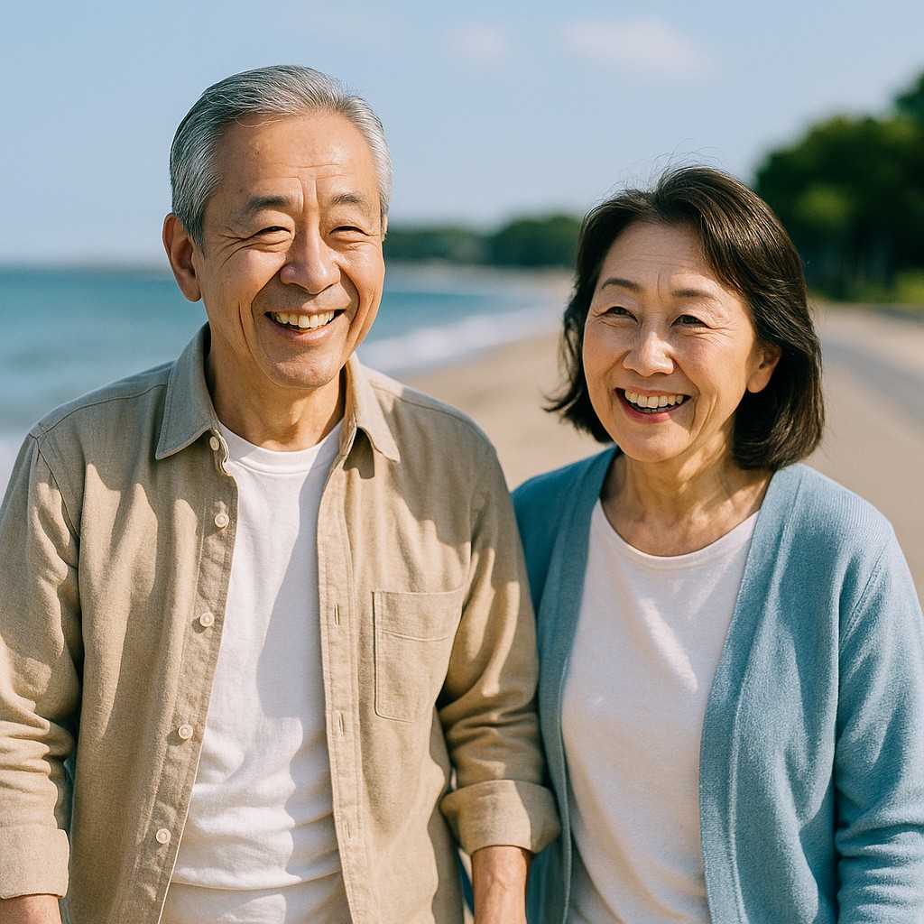 笑顔で海辺や公園を散歩するシニア夫婦