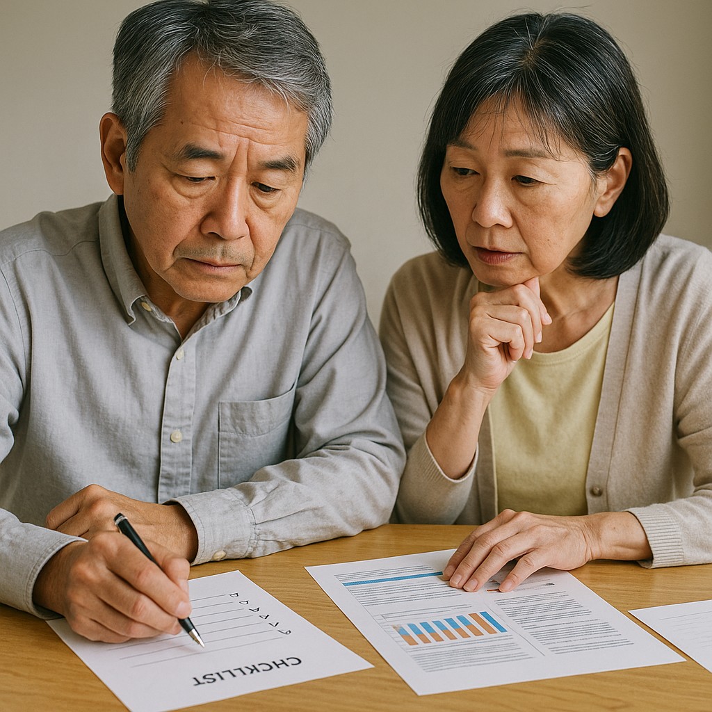 手元にチェックリストや資料を並べて「次の行動」を考える夫婦