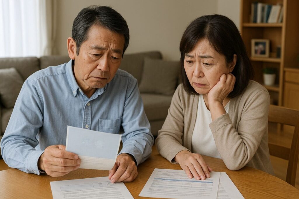 年金の通帳や書類を前に、不安そうな顔で相談する60代夫婦