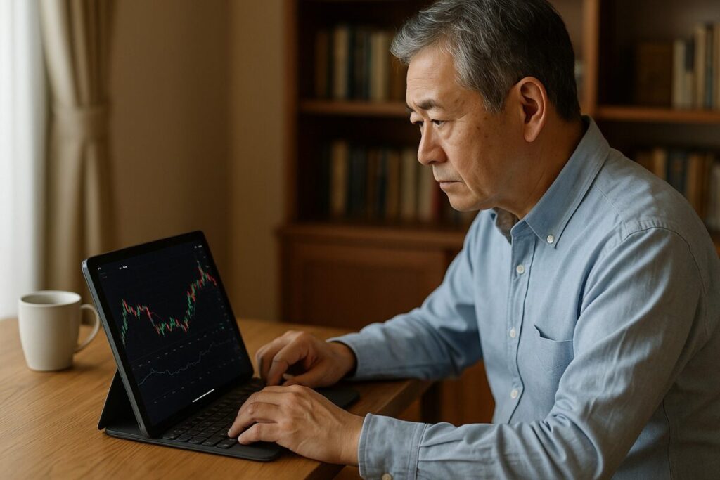 ノートPCやタブレットで株価チャートを確認するシニア男性