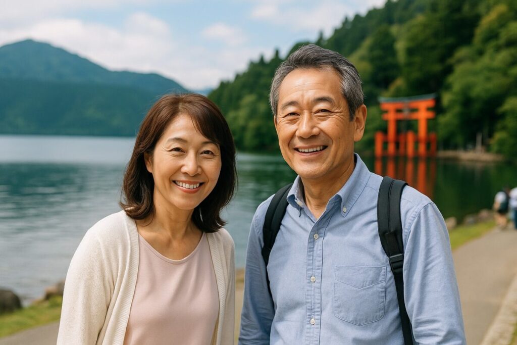 笑顔で旅行する60代夫婦(空港、温泉地、観光地など)