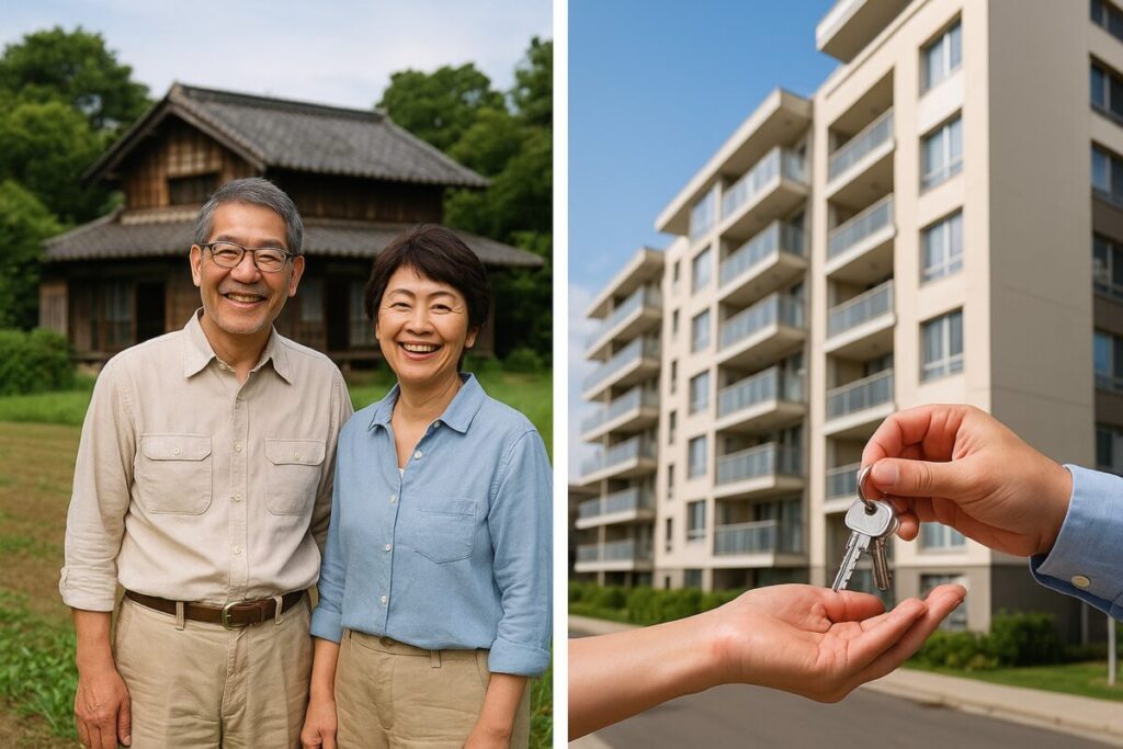 田舎の古民家と広い畑を背景にした夫婦