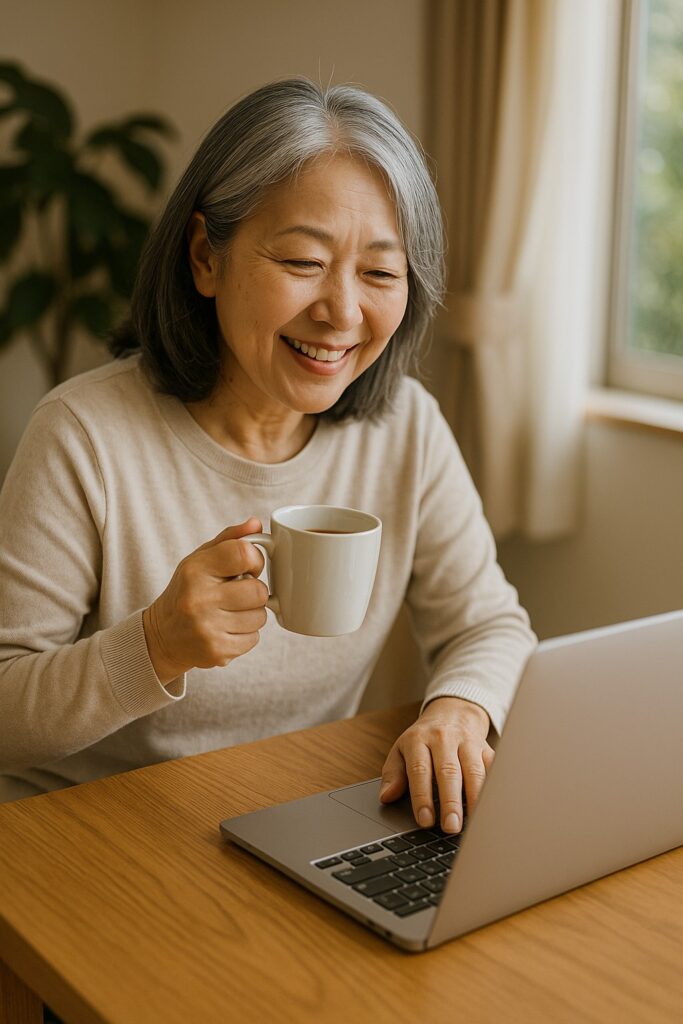 在宅でパソコンに向かうシニア男性/女性(テレワーク風)