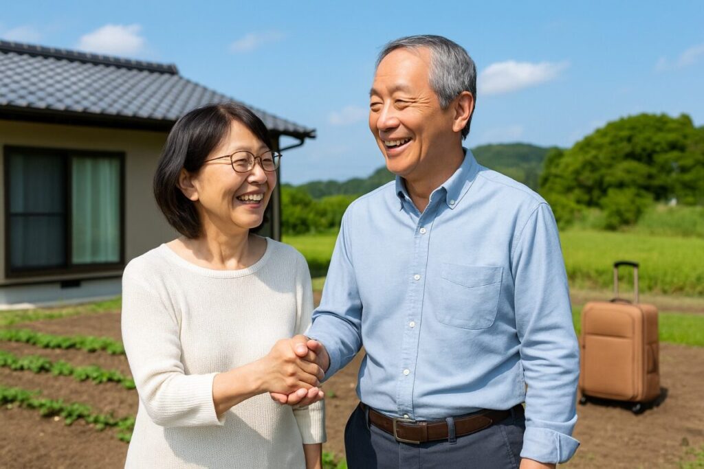 青空の下で笑顔の夫婦が手を取り合う