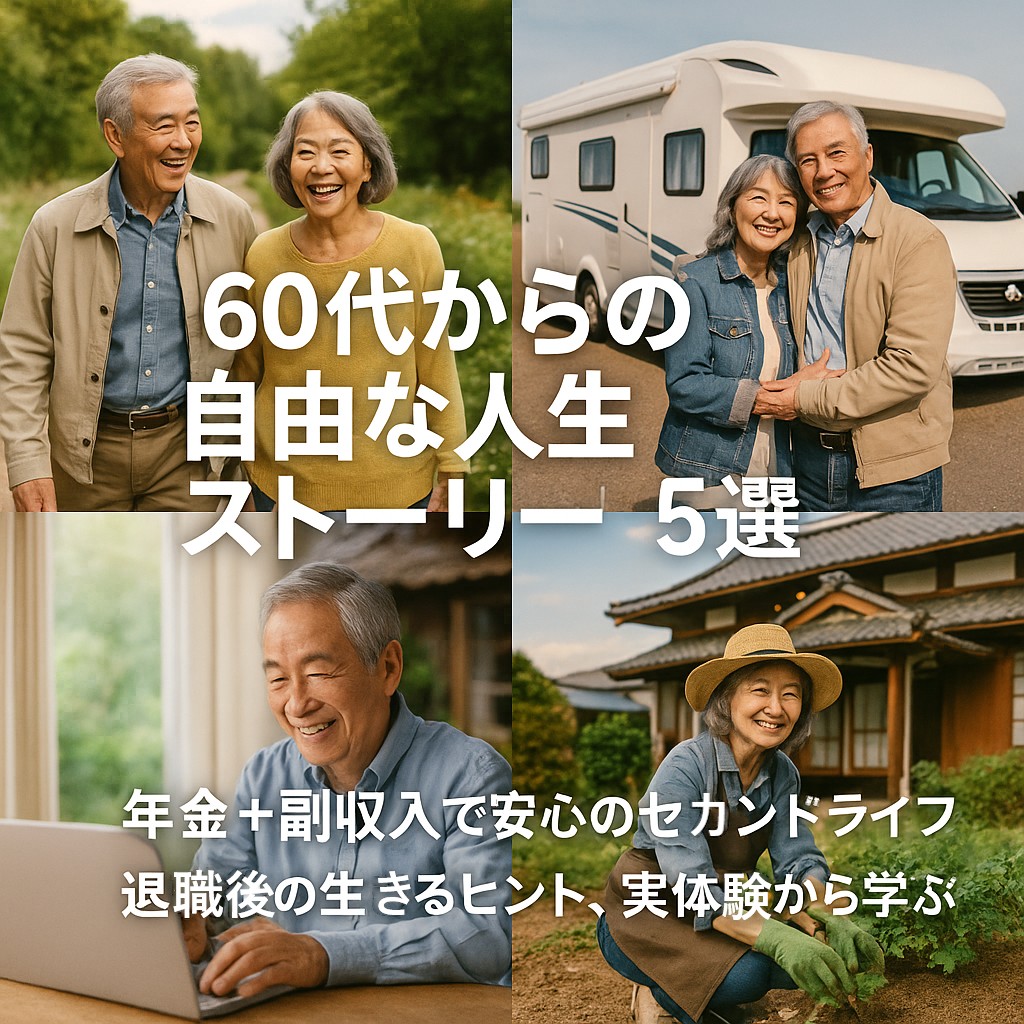 穏やかで明るい雰囲気(土地や田舎風景、シニア世代が笑顔で活動するシーン、キャンピングカー生活風景など複数コマ風にコラージュ)