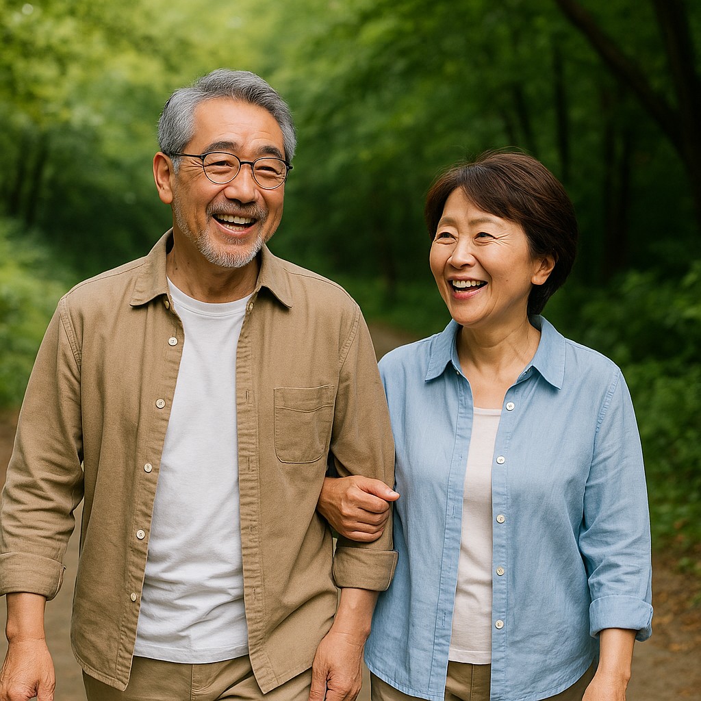 60代夫婦が笑顔で自然の中を散歩