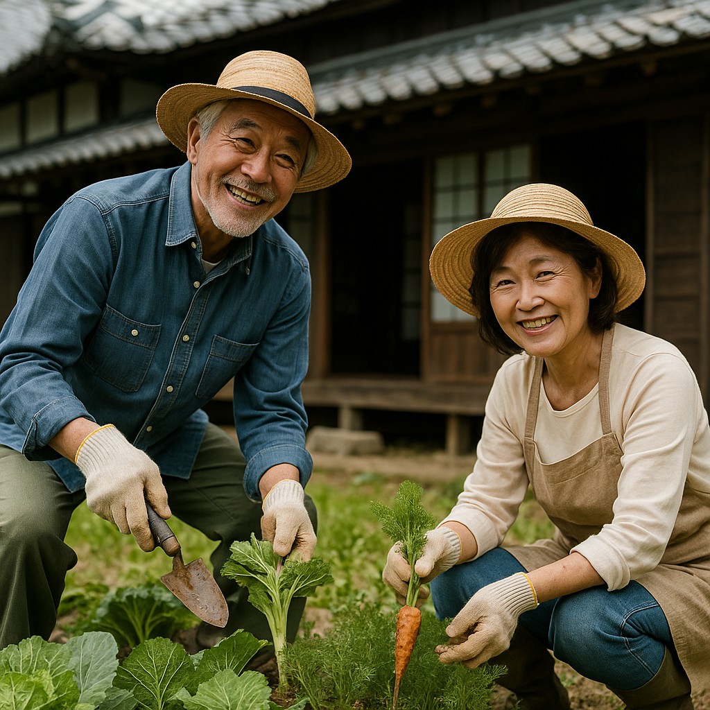 古民家前で畑仕事をするシニア夫婦