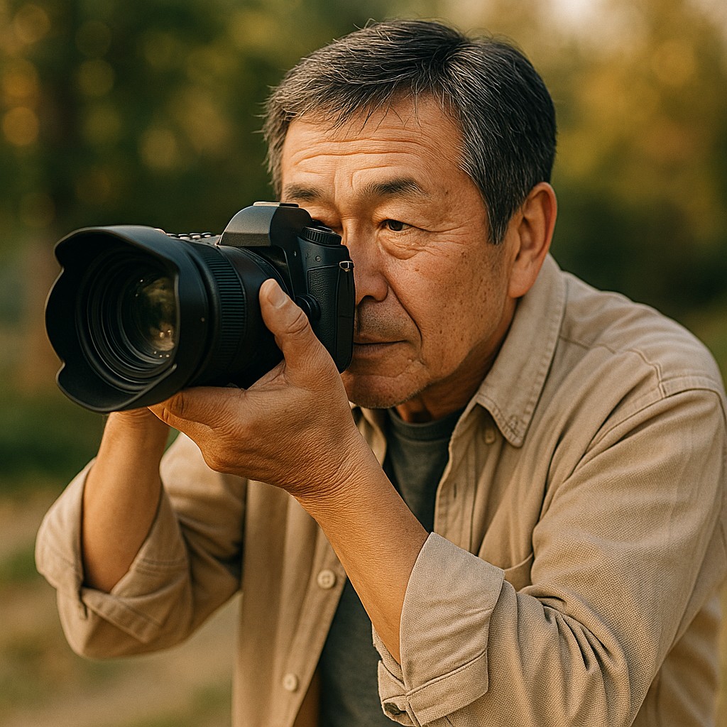 カメラを構えるシニア男性/作品を撮影する姿