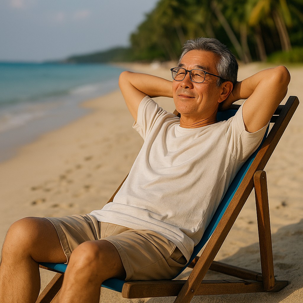 タイ・ビーチでリラックスする日本人シニア男性