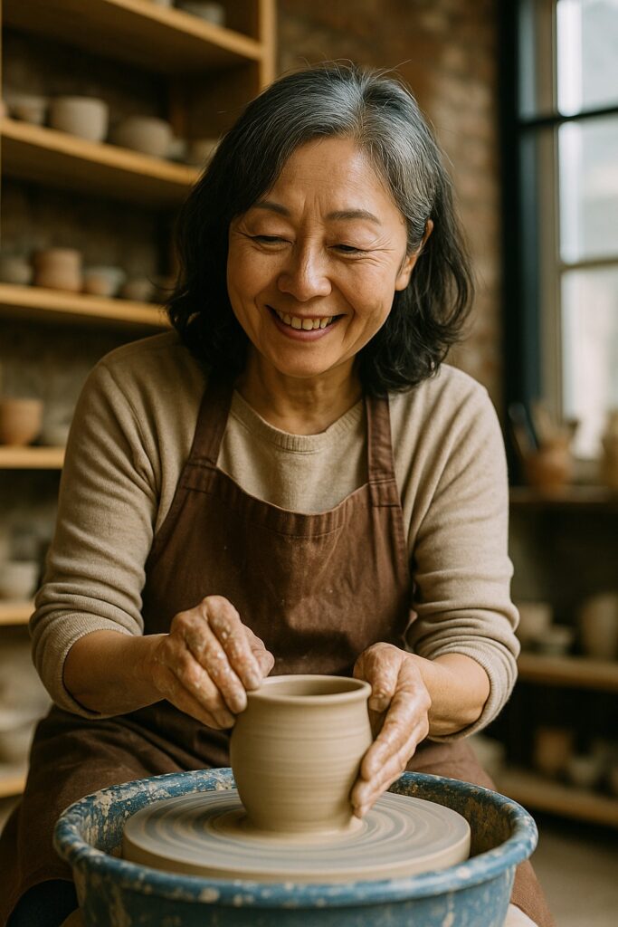 陶芸を楽しむシニア女性