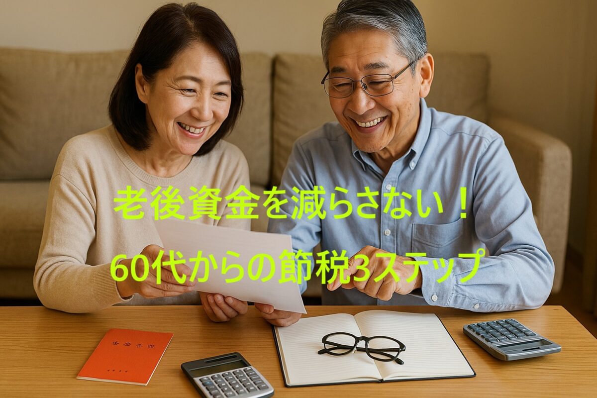 60代夫婦が笑顔で資料を見ながら相談している