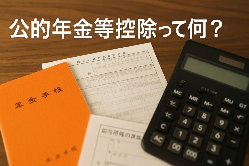 年金手帳・源泉徴収票・電卓が置かれた机