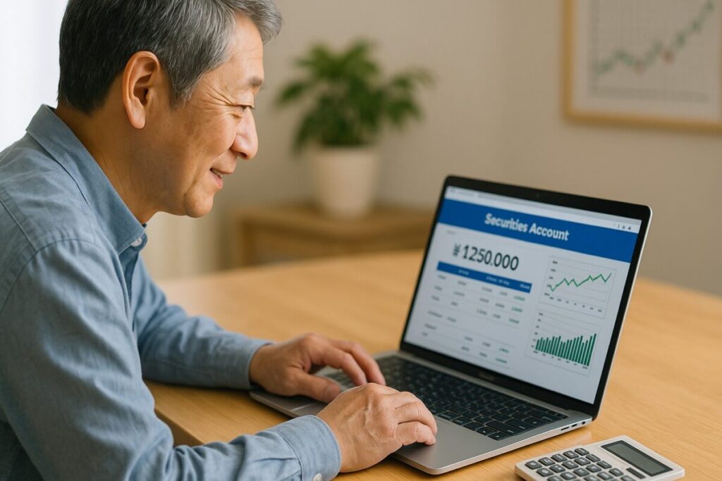 60代男性がノートPCで証券口座画面を確認している様子