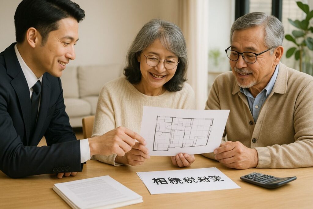 不動産アドバイザーと60代夫婦が図面を見て話している