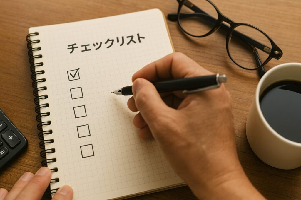 手書き風のノートにチェックマークを入れる手元アップ