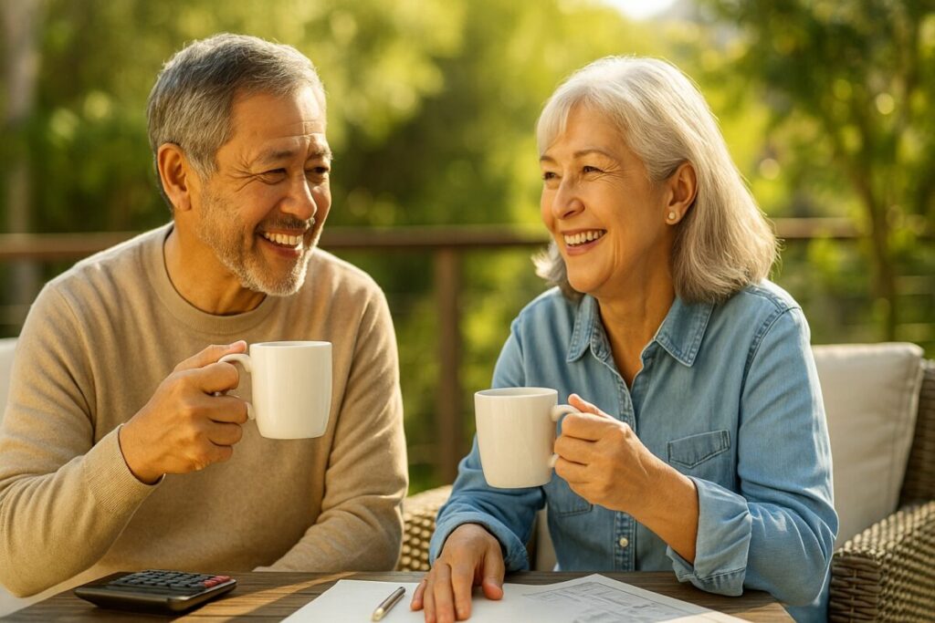 晴れたテラスでコーヒーを飲む60代夫婦