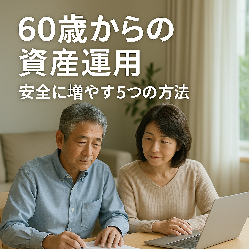 60歳の男性・女性がノートPCや資料を見ながら、落ち着いた表情で資産計画を立てている風景