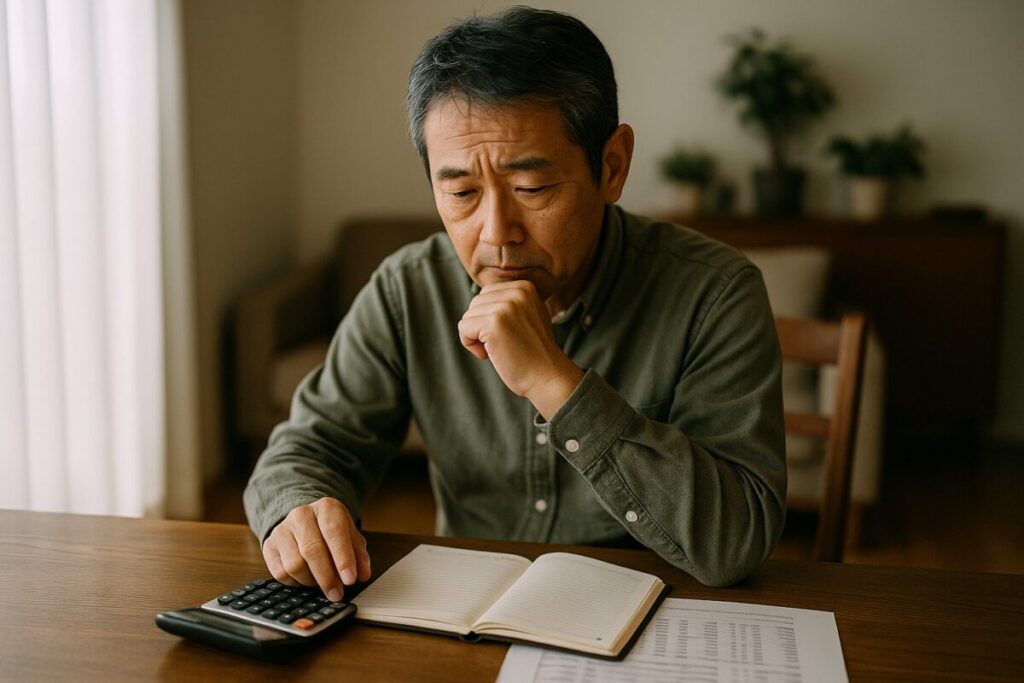 不安を抱えつつも、ライフプランを見直す60代。少し悩んだ表情で家計簿やノートを見つめる姿。
