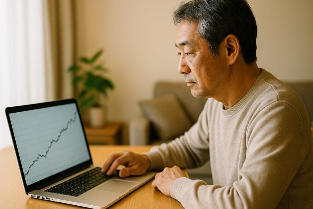 株価チャートを見ながら、落ち着いた表情でPC操作をする60代