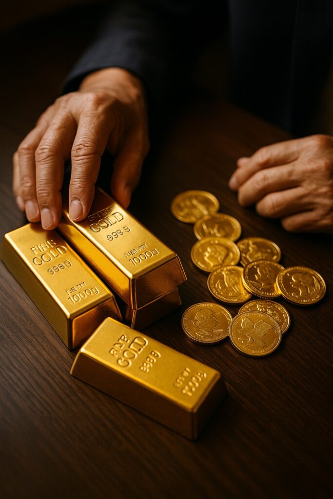 金の延べ棒・コインを手に取るリアル写真風