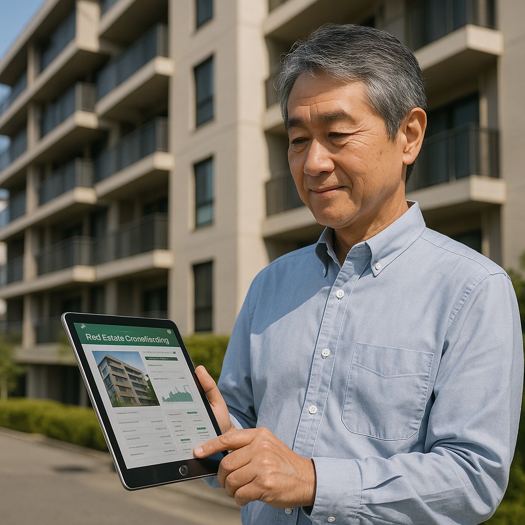マンションや建物の外観を背景に、タブレットで不動産クラファン画面を見る60代
