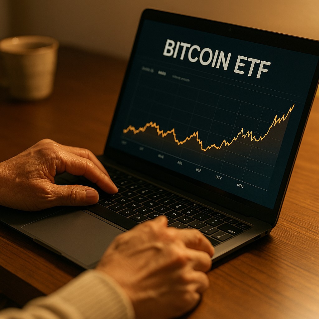 "危険”な雰囲気を避け、ETFとして安心して取り組むイメージ。
PC画面にビットコインETFチャート。60代の手元だけ写す。