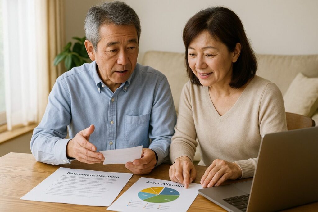 60代の夫婦がライフプラン表や退職金の資産分配資料を見ながら話し合う。安心感・前向き・落ち着いた雰囲気。