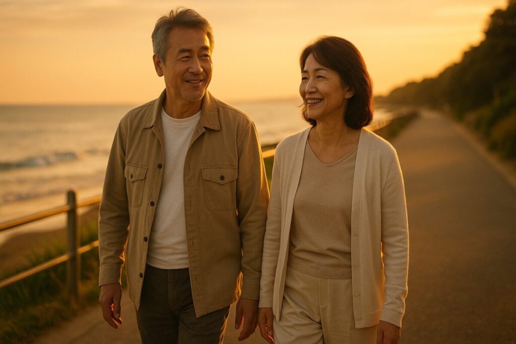 海辺の散歩を楽しむ60代夫婦。未来への希望・安心の象徴。