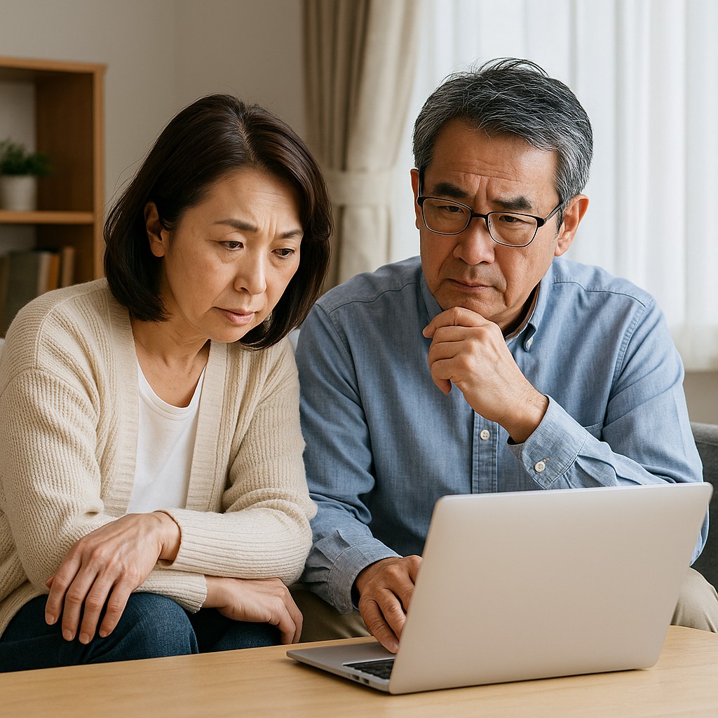 夫婦がリビングでPCを見ながら相談しているリアル写真風