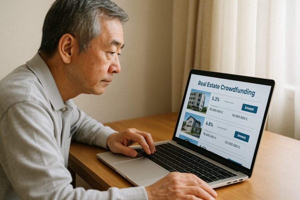 パソコン画面で投資案件を確認する60代男性