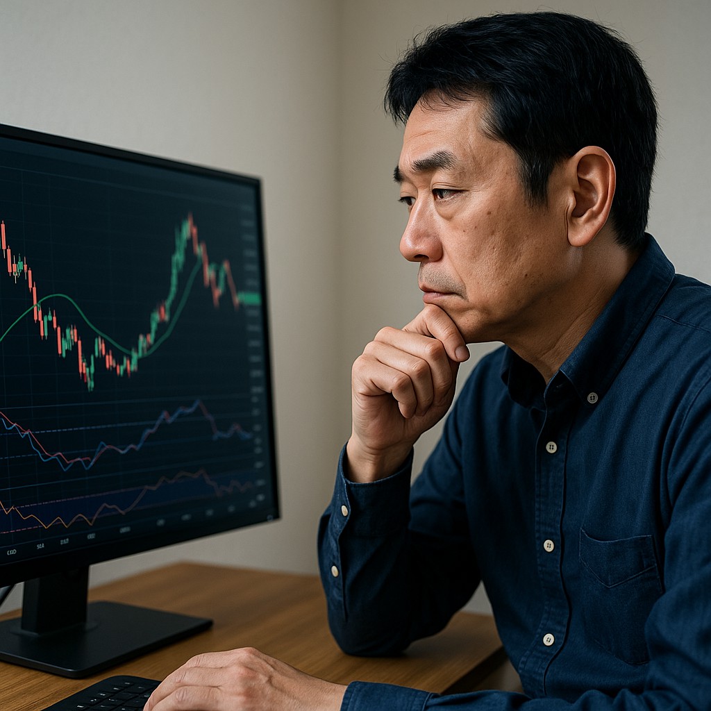 モニターにチャートを映し出し、真剣に見る男性