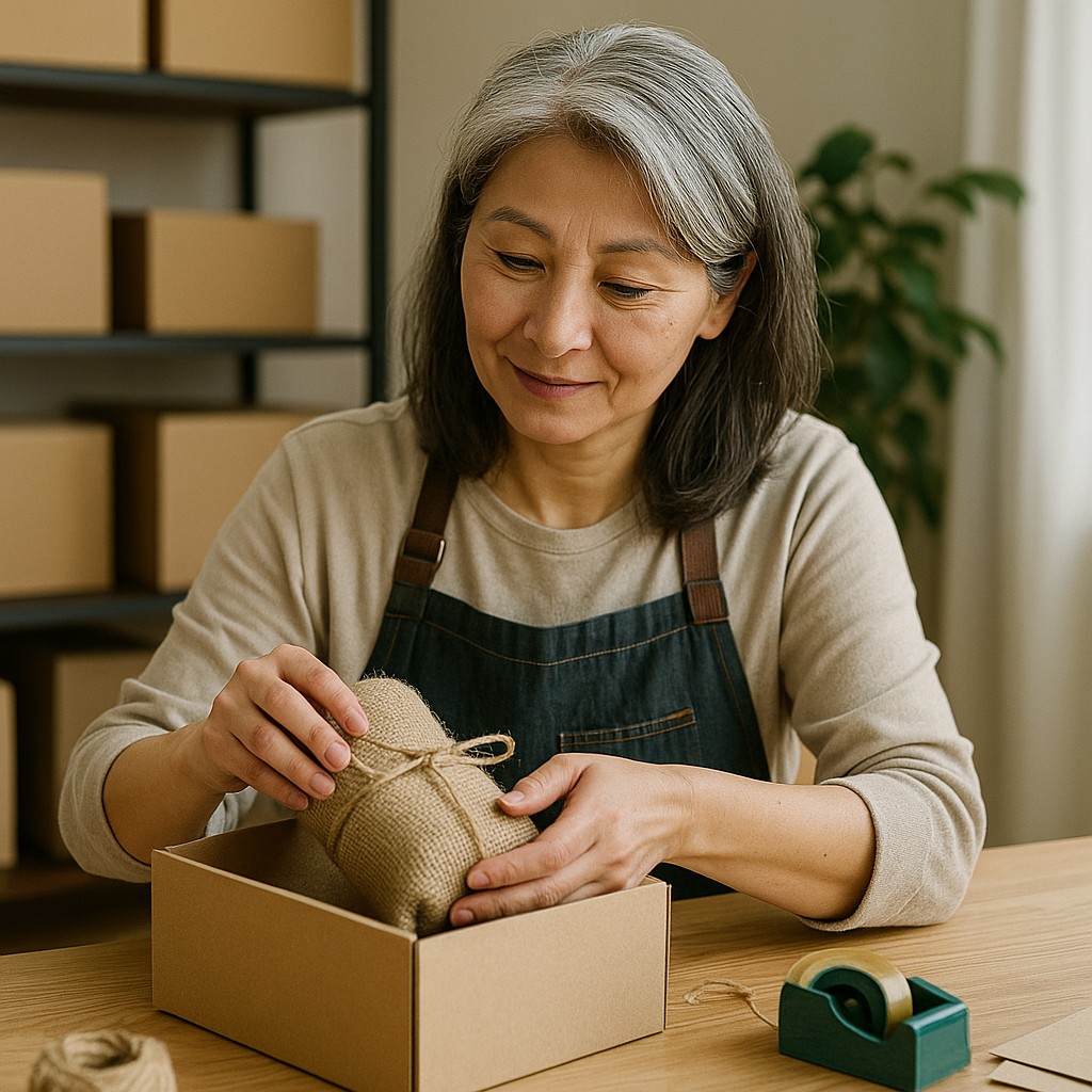 自宅で商品を梱包する60代女性