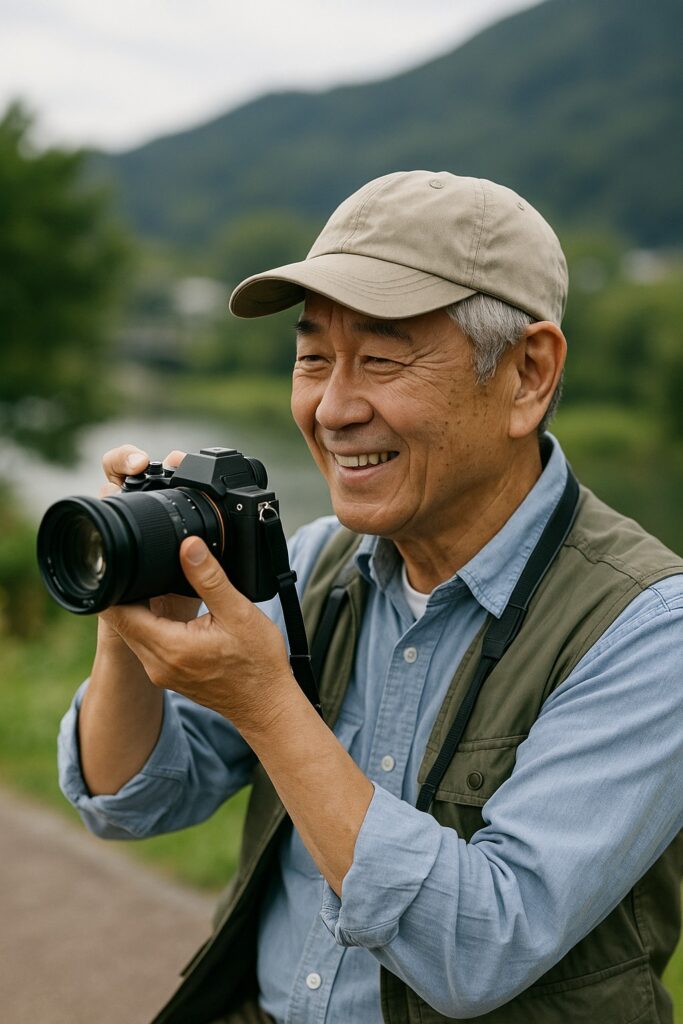 旅行先で写真撮影するシニア男性
