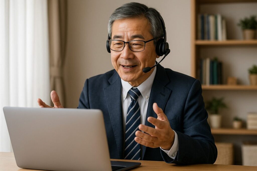 オンラインで相談に応じる元銀行員風の男性