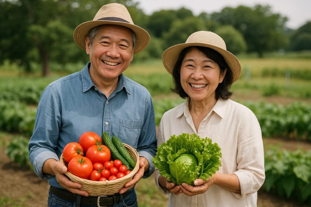 畑で収穫物を持ち笑顔の60代夫婦