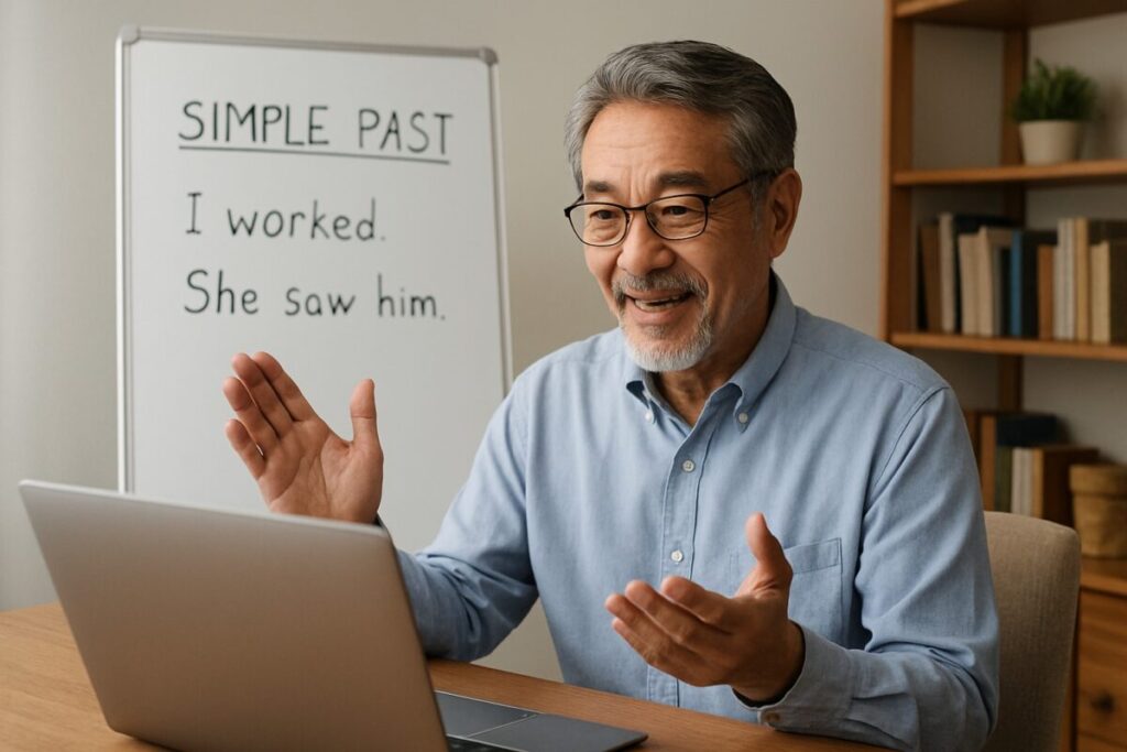 パソコン前でオンライン授業をするシニア講師