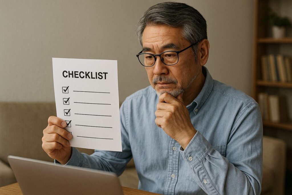 「チェックリストを手に持つ60代男性」のリアル写真風