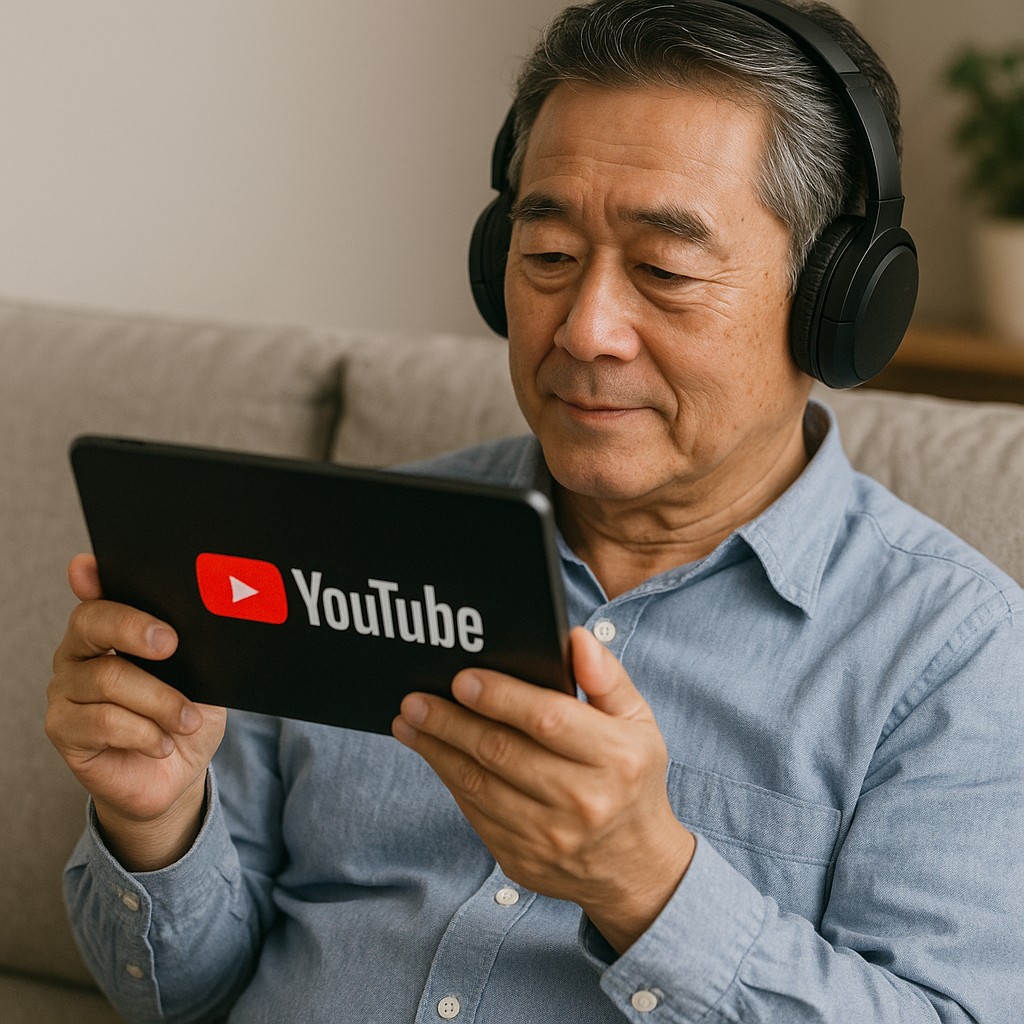 「タブレットでYouTubeを視聴する60代男性