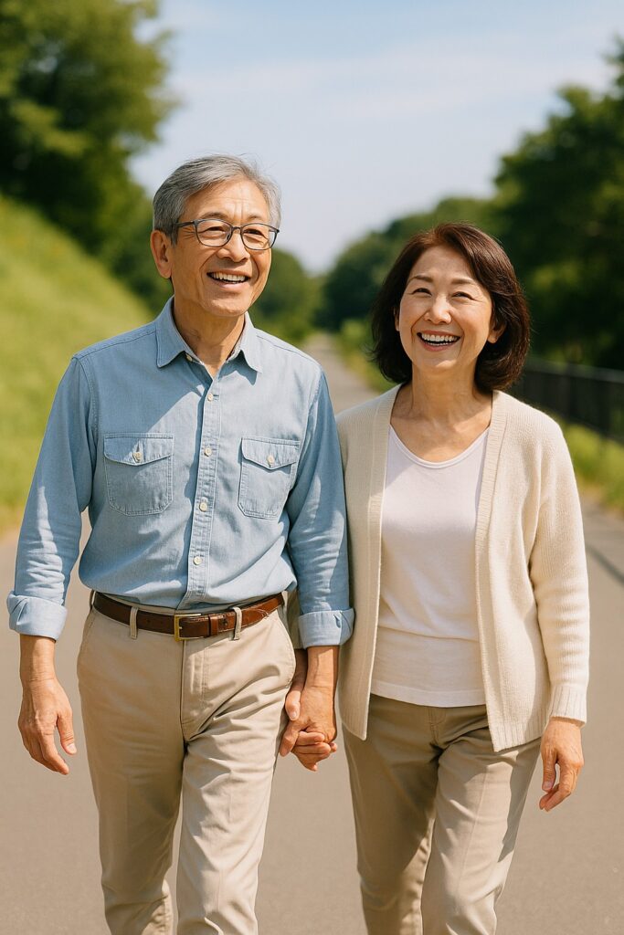 晴れた道を笑顔で歩く60代夫婦（未来志向の象徴）