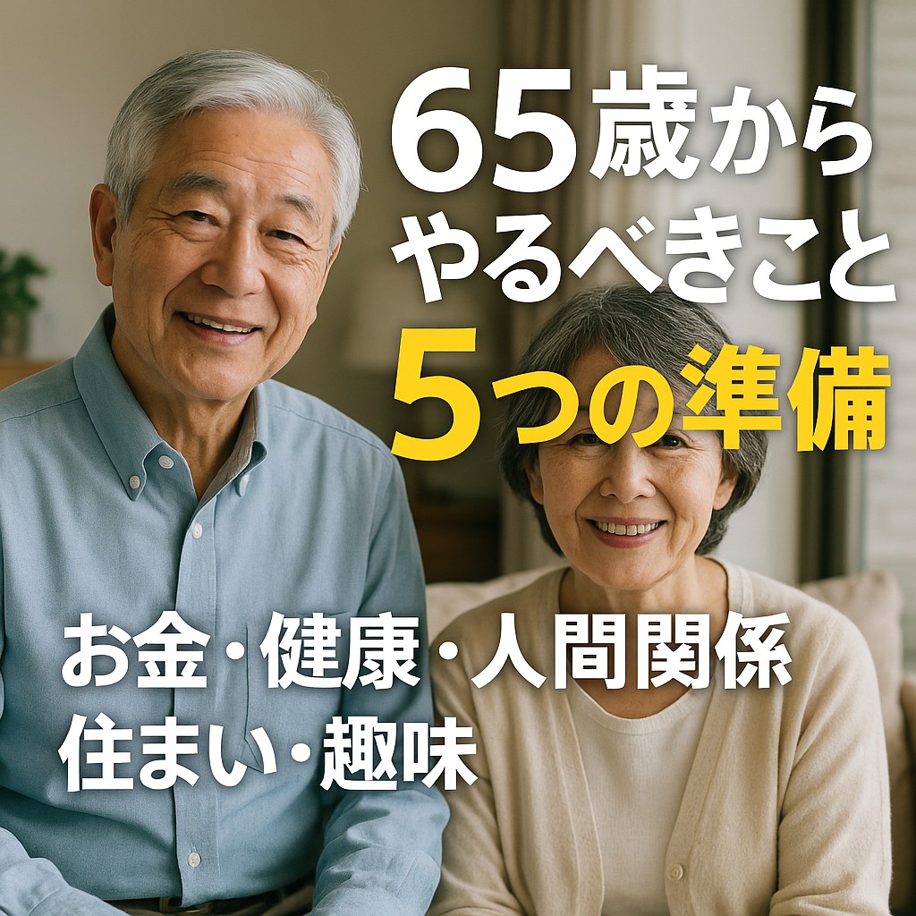 シニア夫婦が「畑・読書・旅行」のイメージで、笑顔で未来を語る構図