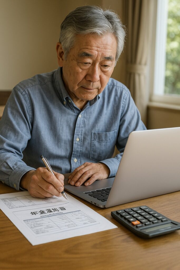 シニア男性がパソコンで家計簿や投資管理をしている姿