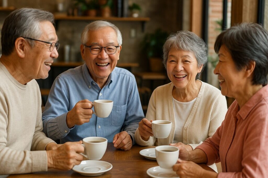 カフェで会話を楽しむシニア仲間グループ