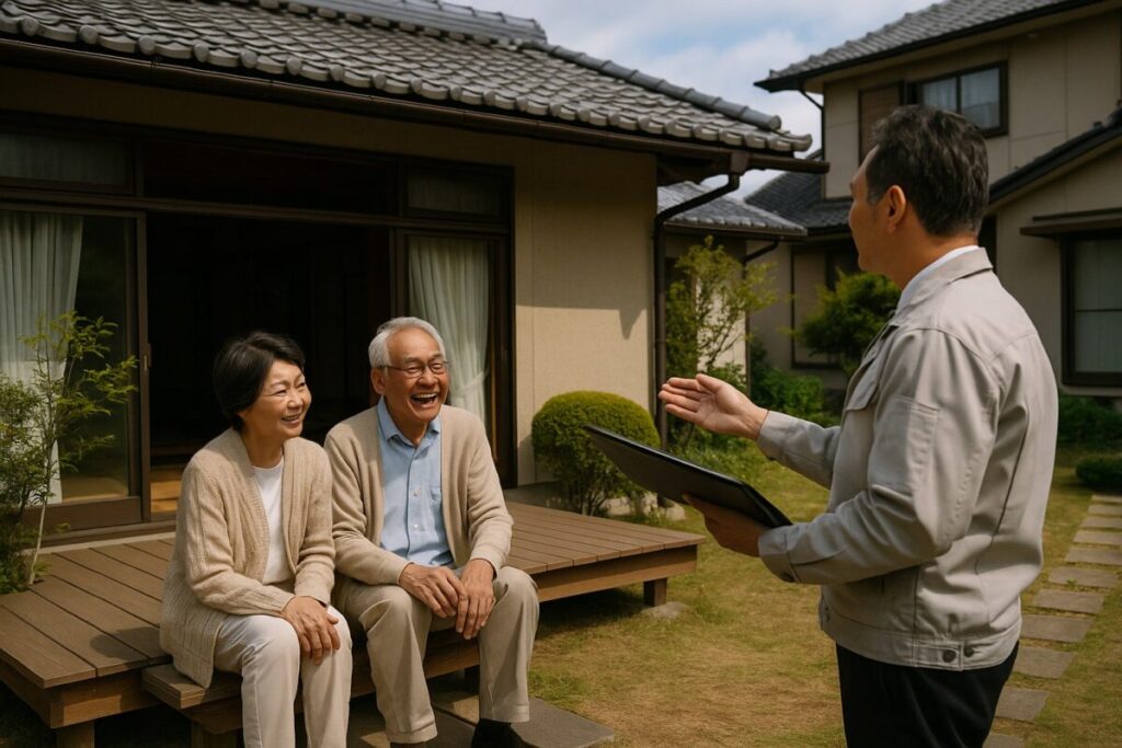 田舎の庭付き一戸建てでゆったりする夫婦