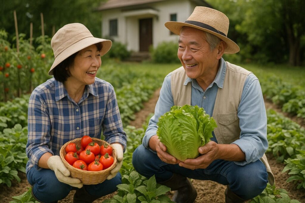 シニア夫婦が家庭菜園を楽しんで収穫している姿