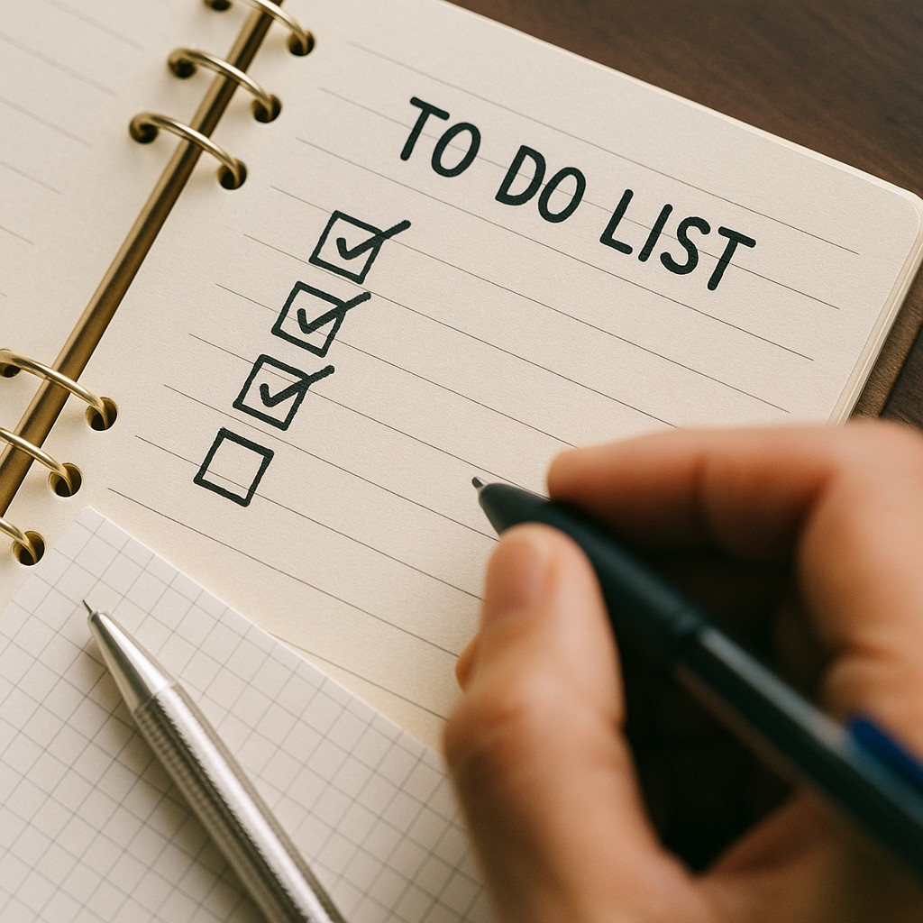 チェックボックス付きのメモ用紙とペン、ノートに記入するイメージ
